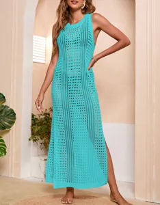 Women long crochet beach cover up dress solid sleeveless hollow knit maxi swimwear slip dress