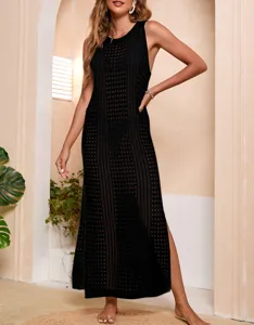 Detailed view of the stylish black sleeveless hollow-out knitted beach cover-up dress.