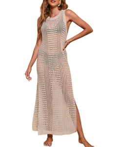 Women crochet beach cover up long sleeveless hollow out knit dress summer solid color swimwear