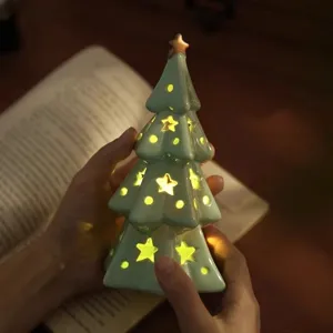 Ceramic Christmas tree night light with warm LED lights, cute desktop decor ornament gift.