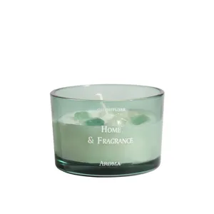 Green glass scented candle with crystal stones home fragrance aroma glass jar decoration item