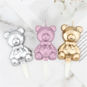 Diamond bear birthday candle for kids party decoration, cute metallic finish.