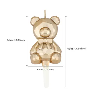 Gold geometric bear birthday cake candle with bow tie and clear dimension spec detail