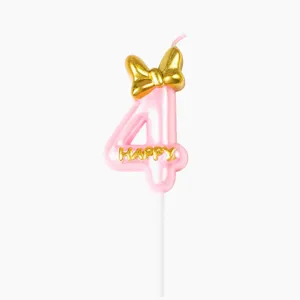 Pink number 4 birthday cake candle with gold bow and happy text for kids party decoration
