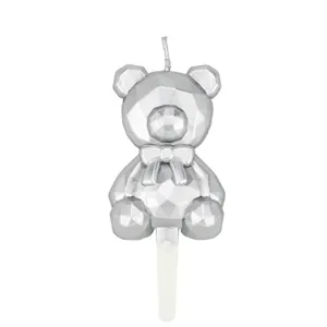 Silver geometric teddy bear birthday candle with stick for kids party cake decoration.