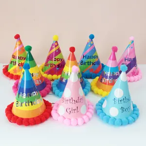 Kids Birthday Party Cone Hats Colorful Striped Polka Dot Paper Hats With Pom Pom Children Celebration Decor Supplies