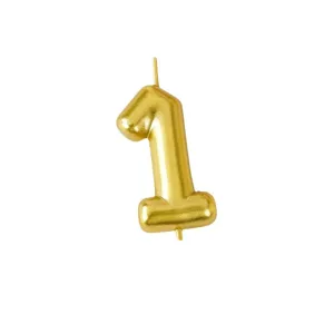 Gold number 1 candle for birthday cake decoration, shiny metallic finish party cake topper.