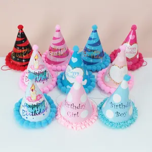 Cute kids birthday party cone hats with pom poms, perfect for children celebration details.