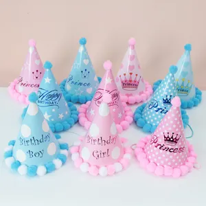 Colorful kids birthday party cone hats with pom poms, cute crown polka dot crown designs.