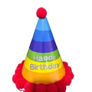 Colorful cone birthday hat with red pom poms kids party decoration cute festive headwear