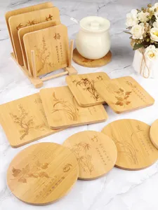 Bamboo heat resistant mat set for kitchen dining table hot pots and bowls, natural wooden coaster.