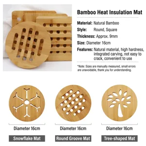 Wooden heat insulation pad detail view, natural wood trivet with hollow carved design for hot pots.