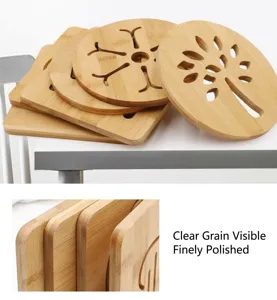 Detailed view of wooden bamboo trivet heat resistant mat with smooth polished edges.