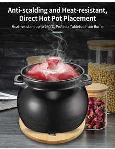 Wooden trivet detail view showing heat resistance and pot placement in kitchen setup.