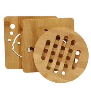 Bamboo trivets set for hot dishes, wooden heat insulation pads for kitchen dining table pot pan.