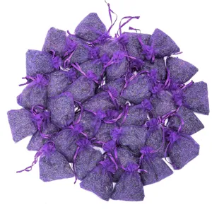 Lavender dried flowers sachets bulk set in purple organza bags for home and car use.