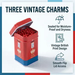 Vintage red metal matchbox with long safety matches, retro postal design, moisture-proof storage tin.
