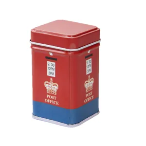 Vintage red metal tin box featuring British post office style design, ideal for storage or decor.