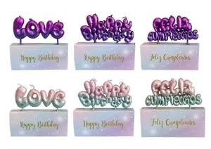 Dettaglio candela con lettere gradiente stellate per decorazione torta di compleanno.
