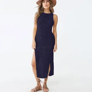 Knit beach cover-up detail, navy blue sleeveless maxi dress, side slit design for summer.
