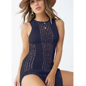 Women dark blue sleeveless hollow knit beach cover up sexy summer solid color swimwear dress