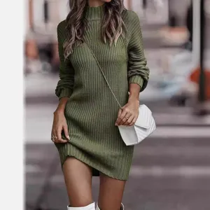 Grünes geripptes Rollkragen Pulloverkleid für Damen, Langarm Strickkleid für Herbst und Winter.