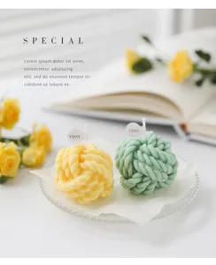 Exquisite scented wool ball knot candle detail shot, perfect home decor photography prop.