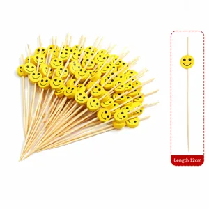 Yellow Smiley Face Wooden Bamboo Cocktail Picks Fruit Picks 12cm Party Dessert Skewers