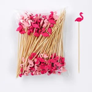 13cm Flamingo Cocktail Picks Wooden Fruit Skewers Bamboo Food Picks 100pcs/pack