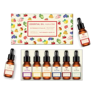 Detailed view of 6 bottles set essential oils for diffuser aromatherapy water soluble fragrances.