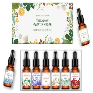 Aromatherapy essential oil gift set with 10ml dropper bottles and botanical box for diffuser.