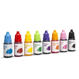 Close-up of colorful liquid pigment bottles, 10ml water-soluble dye for DIY craft and art.