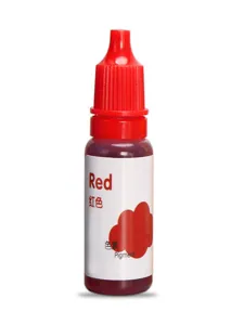Detailed close-up shot of a 10ml red liquid pigment bottle featuring a convenient dropper cap.