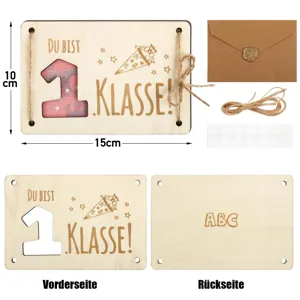 Set de regalo de dinero en madera para la vuelta al cole con sobre y cordón decorativo.
