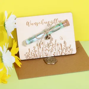 Tarjeta de regalo de dinero de madera con tubo de ensayo y flores láser para bodas.