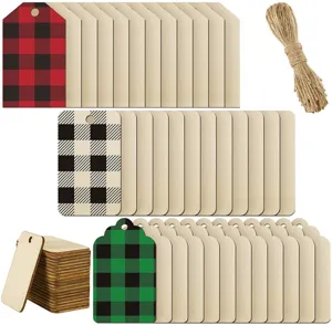 Détail d'ensemble d'étiquettes en bois avec étiquettes unies et à carreaux et ficelle.