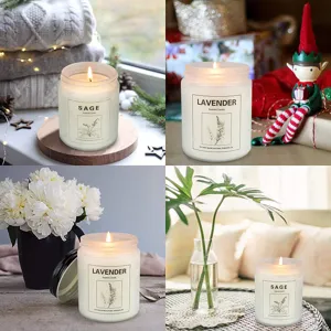 Frosted glass scented candle jar detail showing natural soy wax and botanical label design.