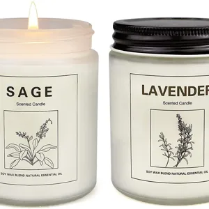 Scented glass jar candles with soy wax blend, featuring sage and lavender fragrances for home.