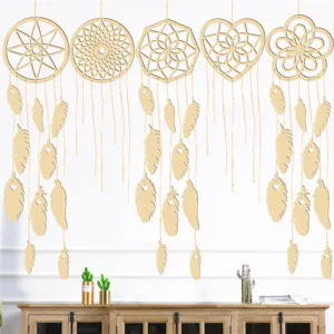Wooden dream catcher wall hanging decor set, hollow geometric tassel feather pendant craft.