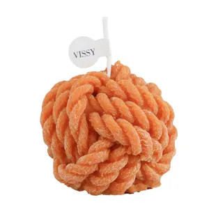 Handcrafted yarn ball scented candle orange cute wool sphere decor photography prop for home gift.