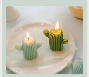 Cactus scented candle detail shot, soy wax home decor and photography prop, cute green design