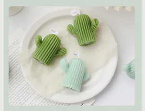 Detail view of cute cactus scented soy candles on plate, perfect cozy home decor gift.