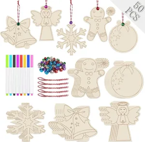 Wooden Christmas DIY painting ornaments set with markers bells and strings for kids crafts.