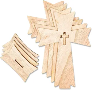 Detailed view of wooden cross craft set with base stands, natural wood grain texture for decor.