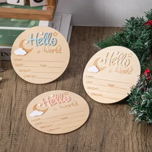 Cute Basswood Hello World Baby Birth Announcement Board Newborn Milestone Wooden Disc Photography Prop With Stand