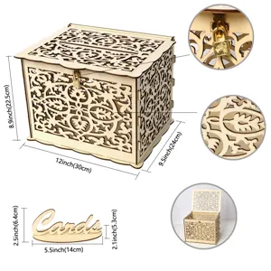 Wooden wedding card box with lock hollow design and cards sign for celebration event.