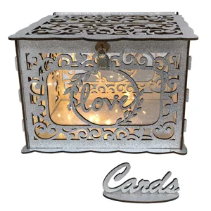 DIY wooden wedding card box hollow greeting card storage box with fairy lights and lock for party