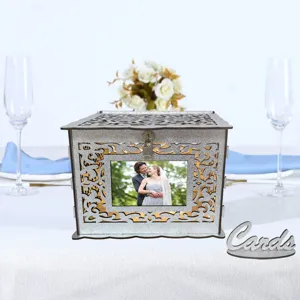 Wooden wedding card box with photo window and cards sign for rustic party table reception decor.