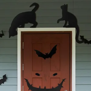 Halloween door frame decoration black cat wooden bat party home decor spooky silhouette