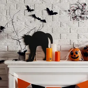 Halloween black cat wooden decoration detail showcasing festival party home aesthetic setup.